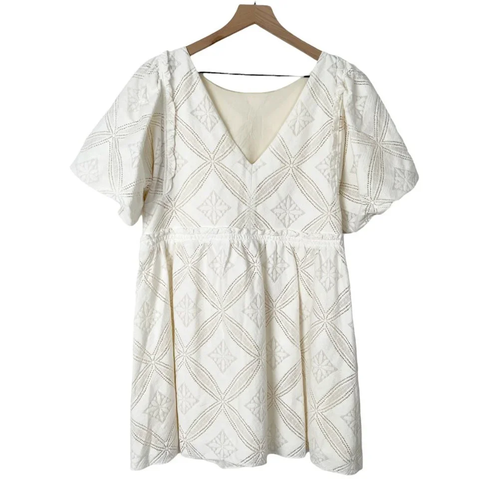 Sézane Livy Dress Parisian Ecru Off White Mix Woven Lace Short Puff Sleeve Mini - Picture 13 of 15